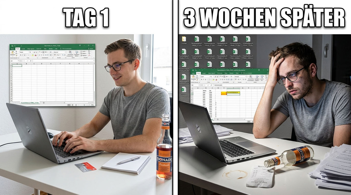 Splitbild im Meme-Format: Links ein junger Mann motiviert vor einer leeren Excel-Tabelle mit der Überschrift "Tag 1", rechts derselbe Mann drei Wochen später erschöpft und unrasiert vor einer überladenen Tabelle, umgeben von Dutzenden Dateiversionen mit der Überschrift "3 Wochen später"