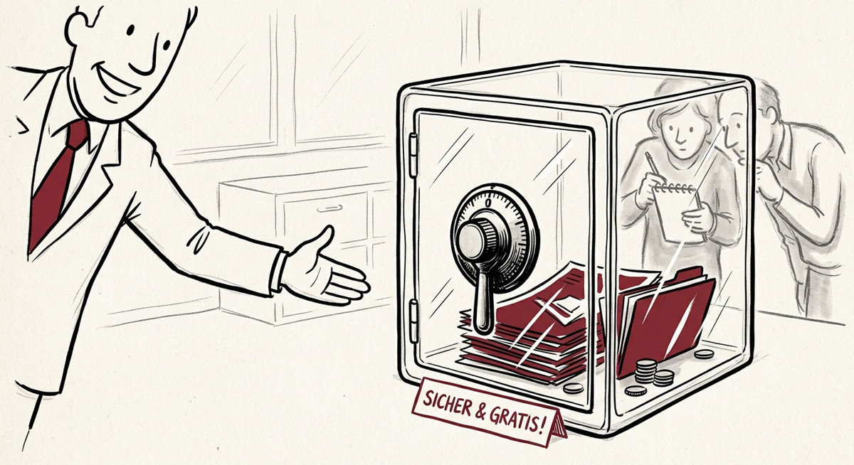 Illustration: Ein Verkäufer bietet lächelnd einen Glas-Safe mit Schild "Sicher & Gratis!" an, während im Hintergrund zwei Personen durch die transparenten Seiten hindurch die darin liegenden Kontoauszüge und Dokumente studieren und sich Notizen machen