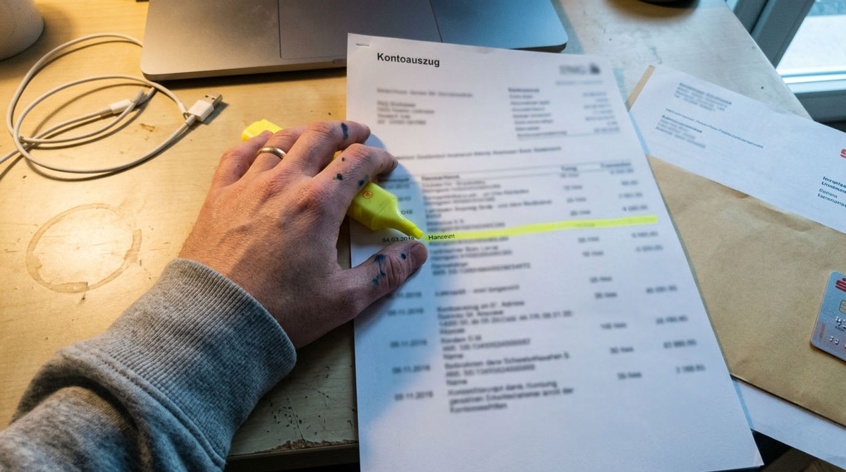Eine Hand markiert eine Zeile auf einem ausgedruckten Kontoauszug mit einem gelben Textmarker, daneben ein Kaffeering, ein Ladekabel und ein Briefumschlag auf einem Schreibtisch.