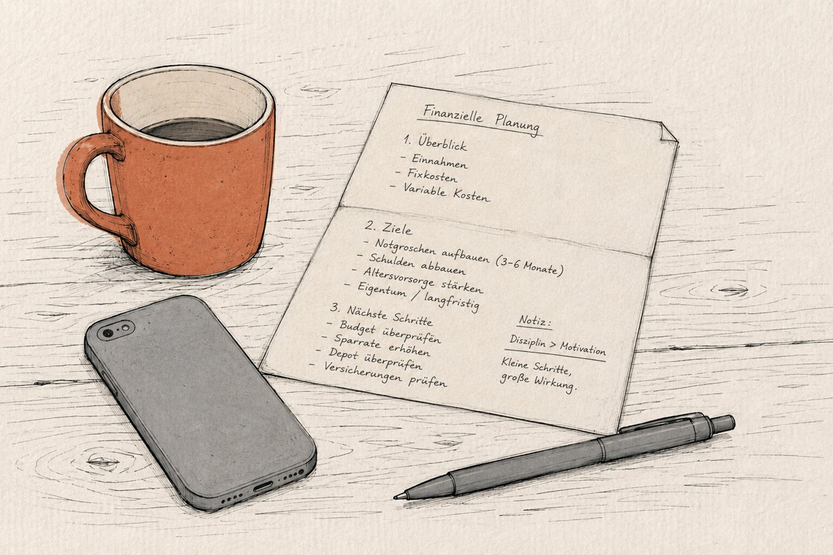 Illustration: Kaffeetasse, gefaltetes Dokument, umgedrehtes Smartphone und Stift auf einem Holztisch