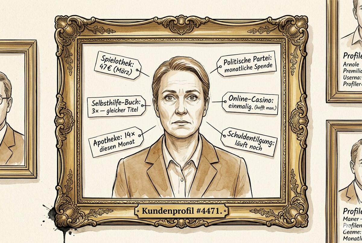Illustration: Formelles Porträt mit dem Titel "Kundenprofil #4471" - umgeben von Annotations-Labels die private Finanzdaten enthüllen