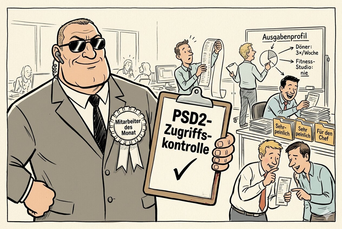 Illustration: Türsteher mit PSD2-Zugriffskontrolle-Klemmbrett steht stolz im Vordergrund, während im Hintergrund Mitarbeiter ungestört Bankdaten auswerten