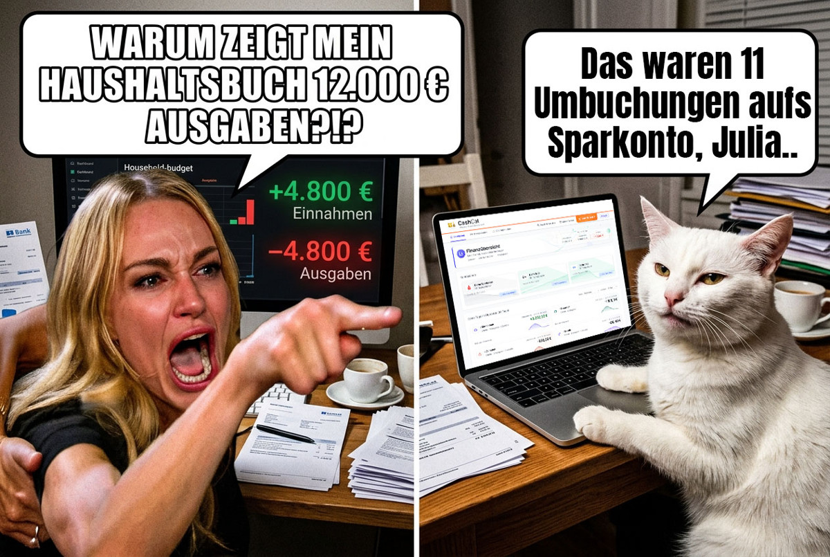 Zweigeteiltes Comic: Links schreit eine Frau vor ihrem Monitor, der ein Haushaltsbuch mit 4.800 € Einnahmen und -4.800 € Ausgaben zeigt, und fragt wütend, warum 12.000 € Ausgaben angezeigt werden. Rechts sitzt eine weiße Katze vor einem Laptop mit CashCat-Dashboard und erklärt, das seien 11 Umbuchungen aufs Sparkonto gewesen.