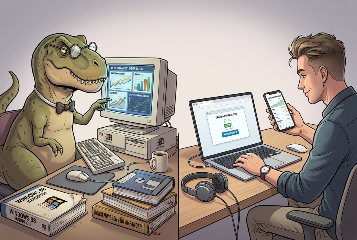 Comic-Illustration im Split-Panel: Links ein bebrillter T-Rex mit Fliege an einem alten Windows-98-Röhrenbildschirm mit Börsen-Charts, umgeben von Disketten und einem "Windows 98 Handbuch"; rechts ein junger Mann, der am modernen Laptop eine CSV-Datei importiert und parallel Kurse auf dem Smartphone im Blick hat.