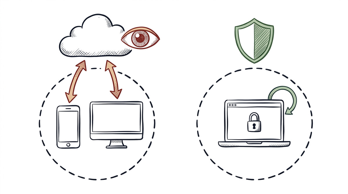 Vergleich: Eine Smartphone-App mit Cloud-Sync tauscht Daten sichtbar mit einem Server aus, während CashCat als geschlossener Kreislauf lokal im Browser bleibt