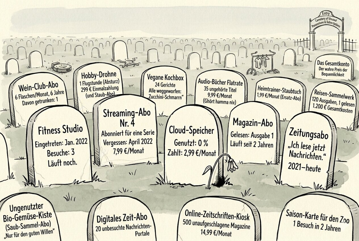 Illustration: Friedhof vergessener Abonnements mit Grabsteinen für Fitness Studio, Streaming-Abo, Cloud-Speicher und andere nie gekündigte Verträge