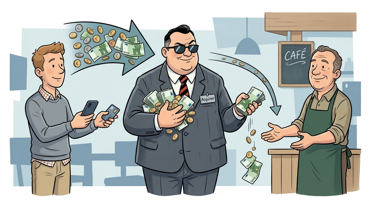 Comic-Illustration: Ein Kunde bezahlt per Karte und Smartphone, während in der Mitte ein Mann im Anzug mit der Aufschrift "Acquirer" das Geld auffängt und nur einen Teil davon an den Café-Besitzer im Hintergrund weiterreicht.
