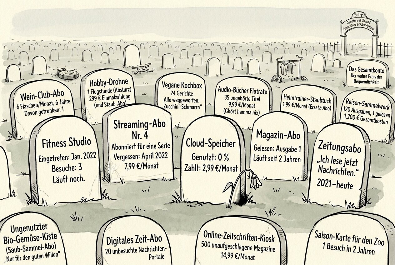 Illustration: Friedhof vergessener Abonnements mit Grabsteinen für Fitness Studio, Streaming-Abo, Cloud-Speicher und andere nie gekündigte Verträge